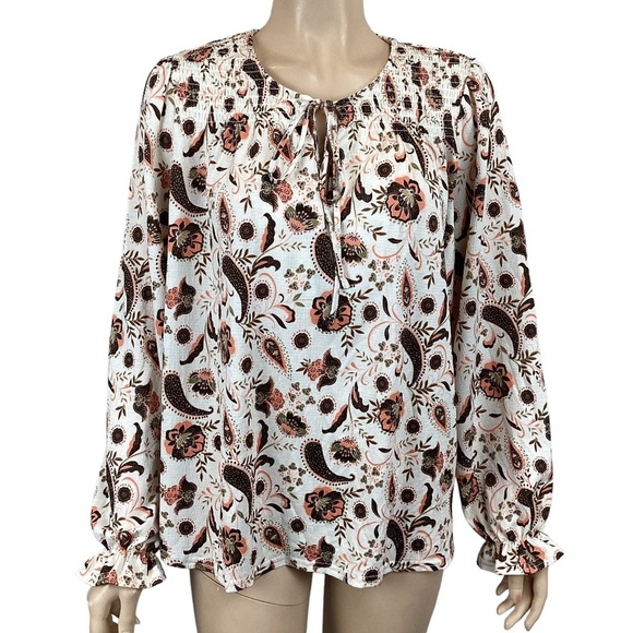 Melloday peach printed top flowy long sleeve size small Boho‎ - Picture 1 of 7